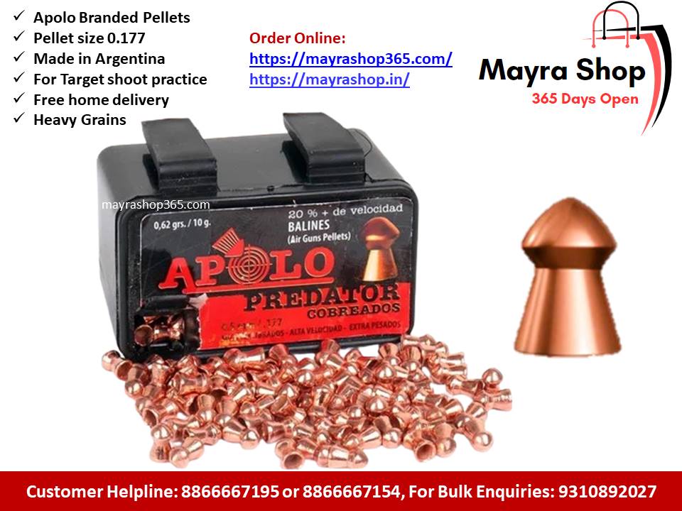 A box of Apolo Predator pellets 0.177 cal 4.5mm for air gun and air rifle is open, spilling pellets. Text highlights features, online order links, and Mayra Shop contact info on a white background to enhance your shooting experience.