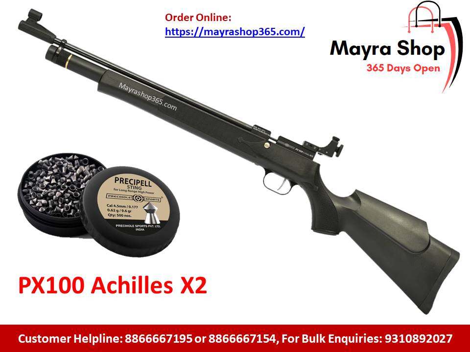 Precihole PX100 Achilles X2 Classic Air Rifle (0.177 Caliber) with a tin of pellets, Mayra Shop branding, website link, customer helpline, and bulk enquiry numbers on a white background. Features a Two Stage Trigger for precision.
