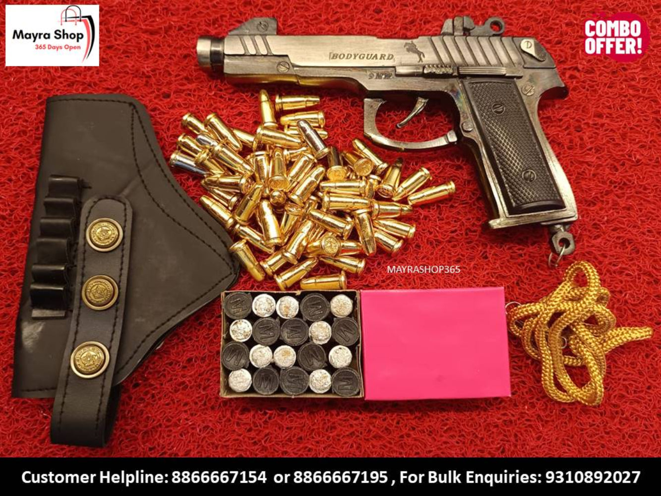 The Sound Cork Guns Bodyguard Cork Gun super gun combo includes 6 dummy metal bullets, a holster, toy caps, and a gold-colored rope—displayed on a red surface. Mayra Shop branding is visible. Fun play gun under 1500!.