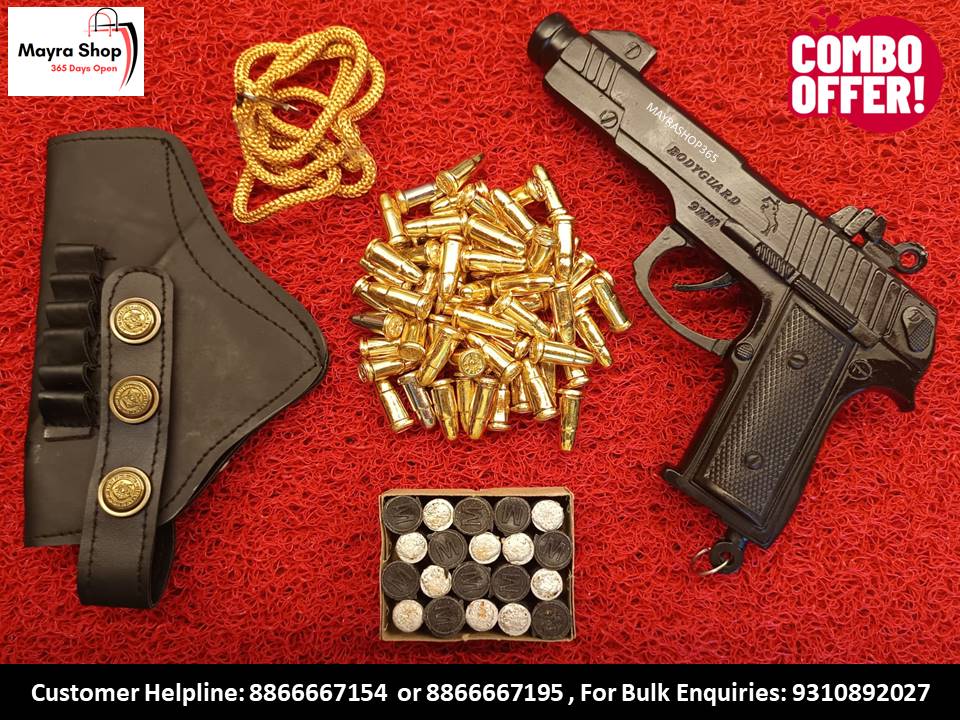 A red surface displays a Sound Guns Bodyguard Cork Gun, holster, yellow rope, 6 dummy metal bullets, coin box, and pink COMBO OFFER! sign—all in the super gun combo under 1500. Shop and helpline info appear at the bottom.