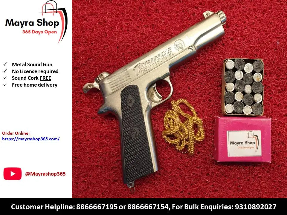 World War Sound Gun - Silver Metal Pistol with triple power cork box