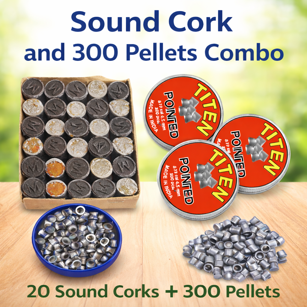 sound cork, air gun pellets, pellet combo, shooting practice kit, 4.5mm pellets, pointed pellets, air gun accessories, india shooting kit, cork gun refill, pellet refill