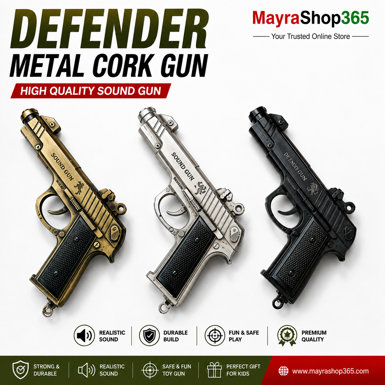 Defender metal cork sound toy gun in gold silver and black finishes