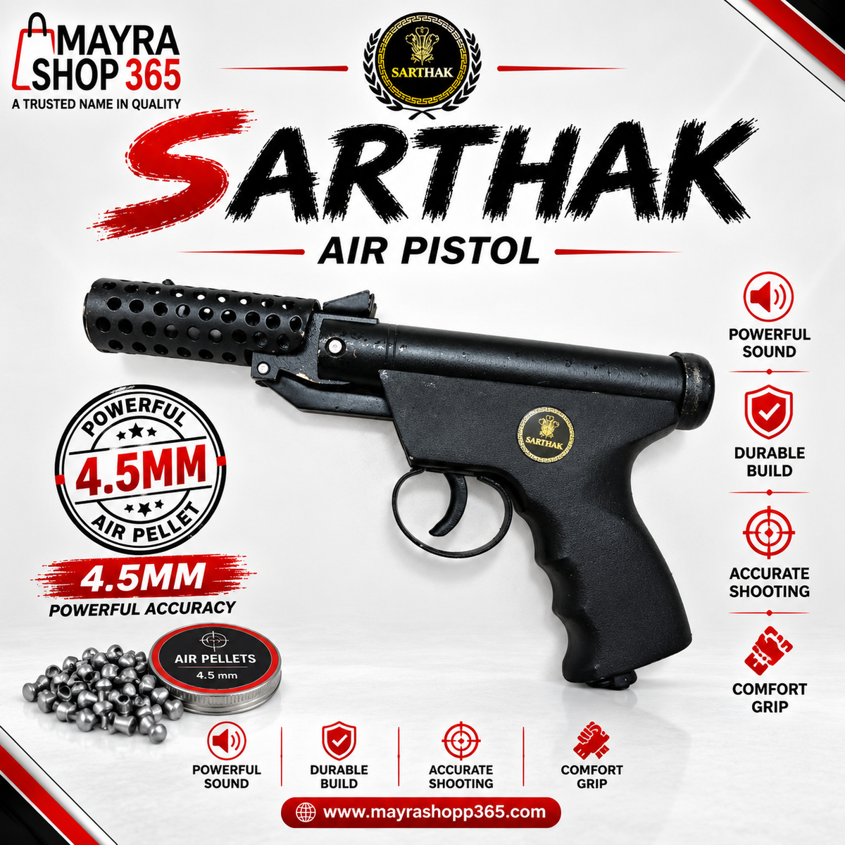 SARTHAK 4.5mm (.177 Cal) black pellet air pistol with comfort grip