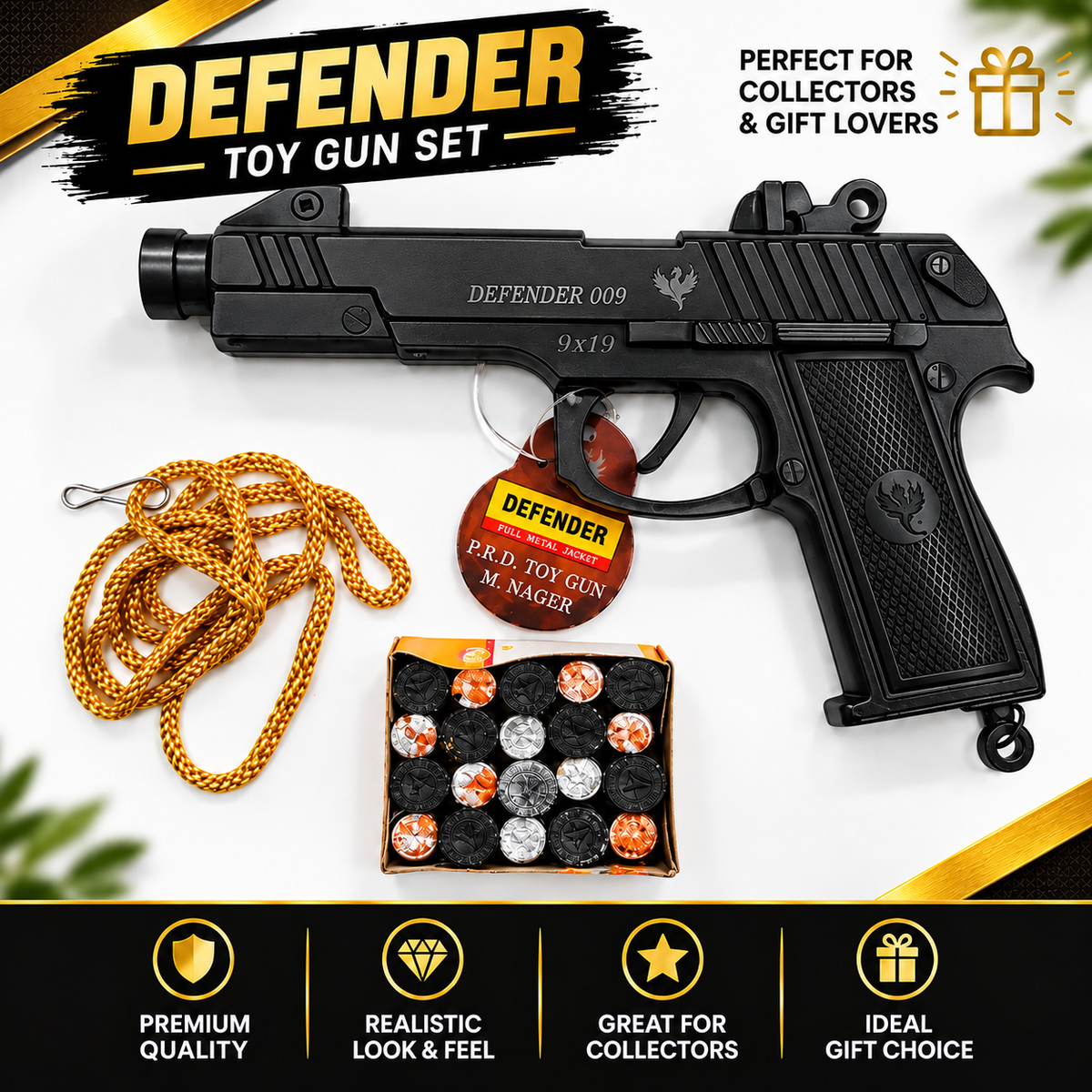 Black Defender 009 toy gun set with cap rounds and accessories from Mayra Shop