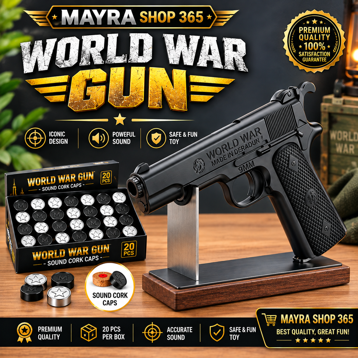 New World War Gun | Sound Cork Toy with 20 PCS Caps Black Mayra Shop 365air gun mayrashop365