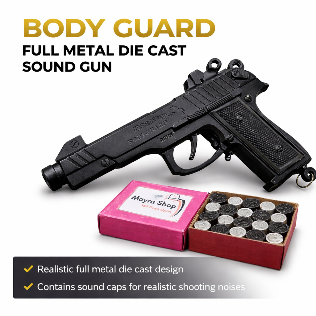 Bodyguard full metal sound gun with caps
realistic die cast toy pistol for shooting practice
metal toy gun with sound caps India
shooting practice toy gun with bullets caps
black metal sound gun product image
