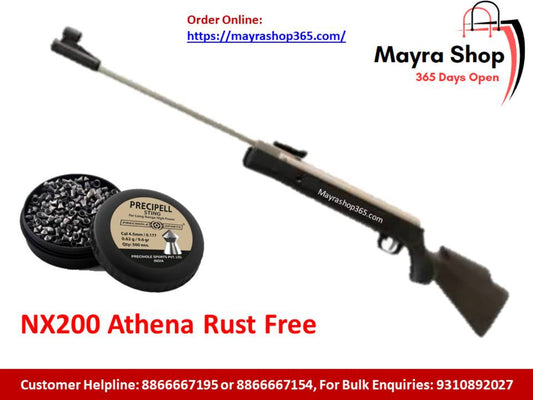 A black Precihole NX200 Athena rust free air rifle with a break barrel, barrel rifled, front sight post, rear sight adjustable for windage and elevation, and a mount rail. It is accompanied by a scope and a container of .