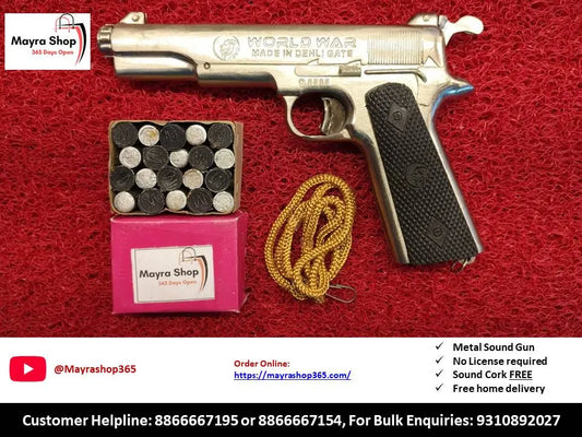 World War Sound Gun - New Silver Metal Pistol with triple power cork box - feels like real gun
