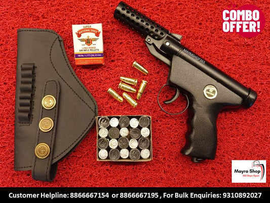A black Sarthak Air Pistol Combo | Tehalka Air Gun Precision with perforated barrel, bullets, ammo box, Marlin shocks pack, and holster is displayed on red. Text promotes combo offer and customer helpline numbers.