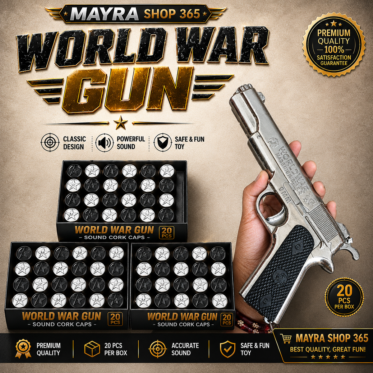 World War Sound Gun Silver – Loud cork gun | Realistic Military Style Toy Gun India Mayra Shop®air gun mayrashop365