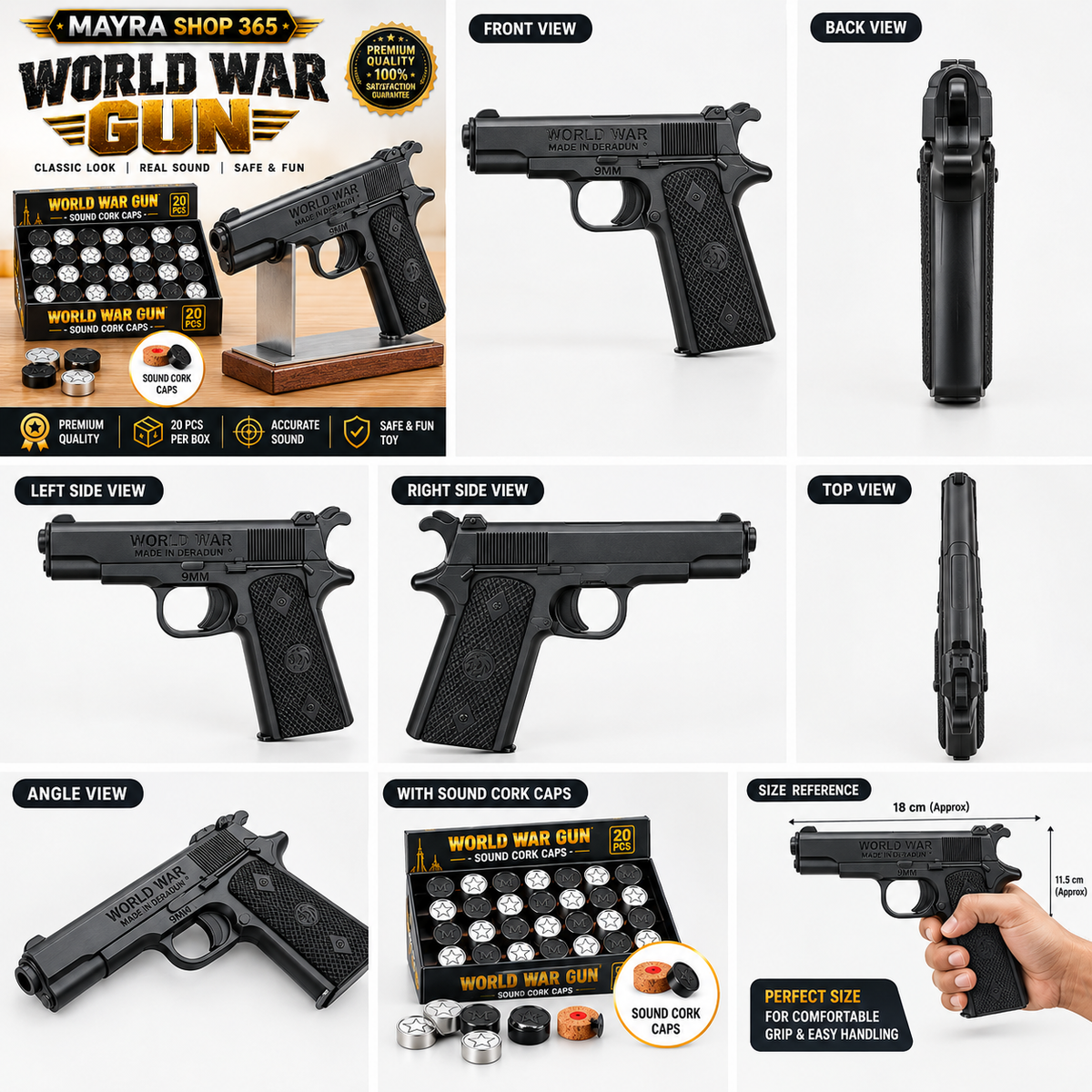 New World War Gun | Sound Cork Toy with 20 PCS Caps Black Mayra Shop 365air gun mayrashop365