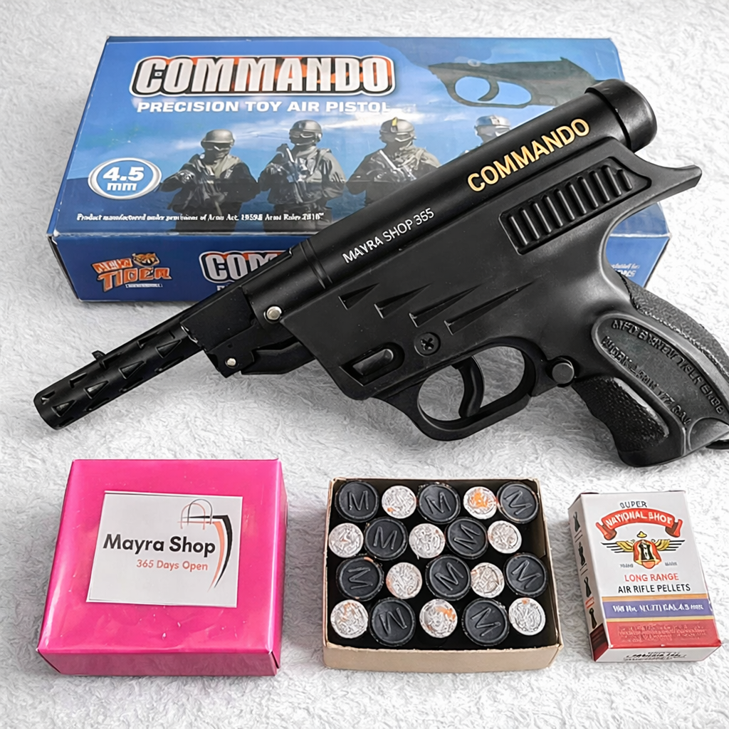 Commando 4.5mm air pistol combo kit with pellets
High power pellet gun for target practice
Air pistol with cork and pellets combo