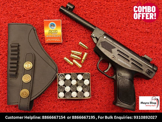 The Rhino Air Gun Combo - Precision Air Pistol Package, featuring a black 0.177 caliber pistol with silencer, holster, 4.5mm pellets, bullets, and silver containers, is shown on a red surface. The text promotes an air gun combo deal and customer helpline numbers.