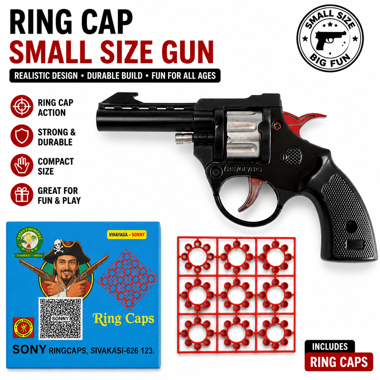 Black Ring Cap Small Size Toy Gun Mini Revolver with Ring Caps MayraShop365