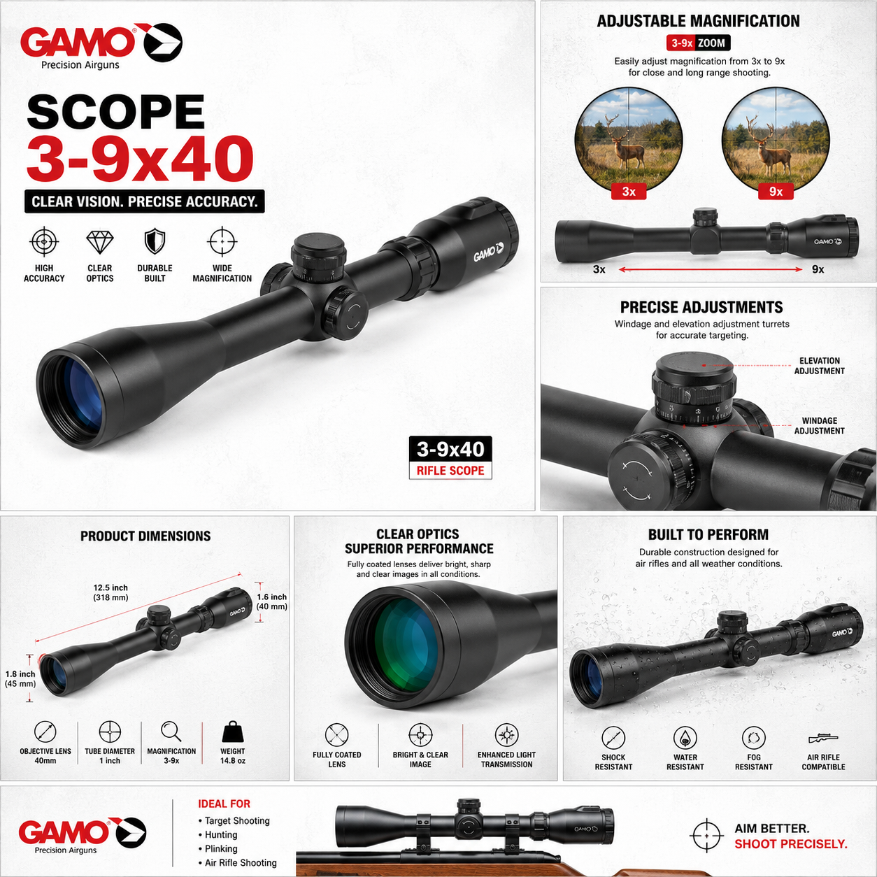 Gamo 3-9x40 rifle scope with clear optics and adjustable zoom