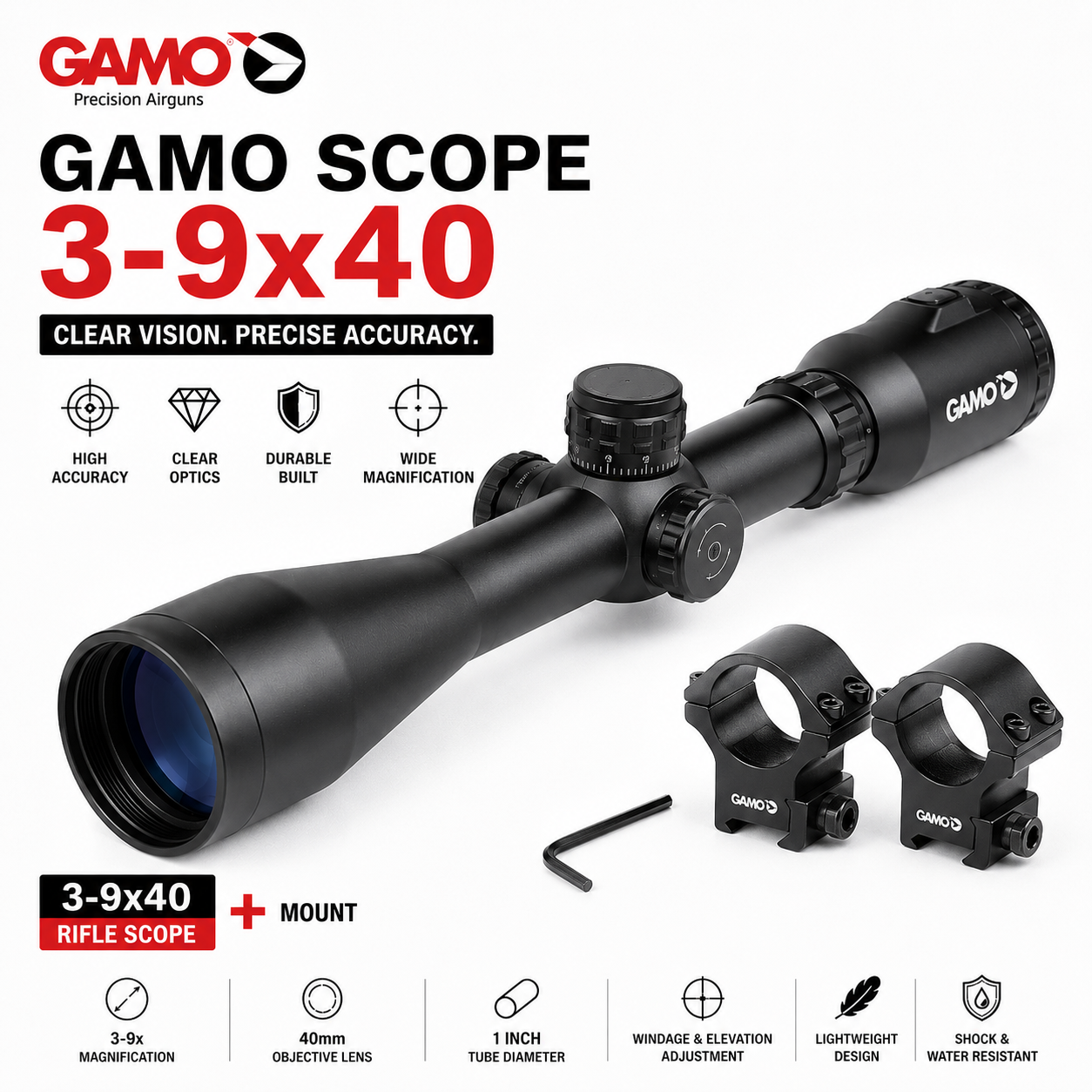 Gamo Scope 3-9x40 with Mount adjustable rifle scope for air rifle and pellet gun
