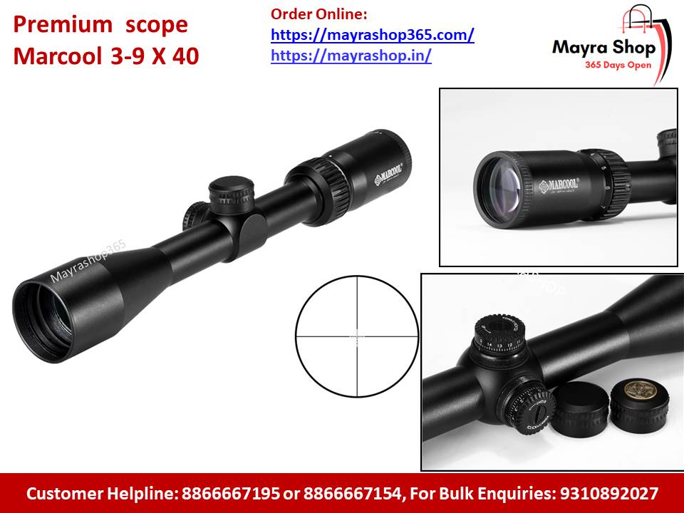 Mayra Shop premium scope Marcool 3-9 X 40 with close-up details on a white background.