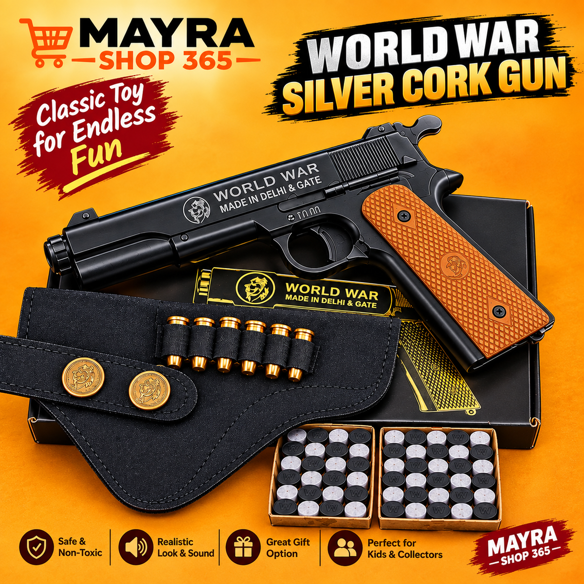 World War Silver Cork Gun toy with box, cork caps, holster and accessories - Mayra Shop 365