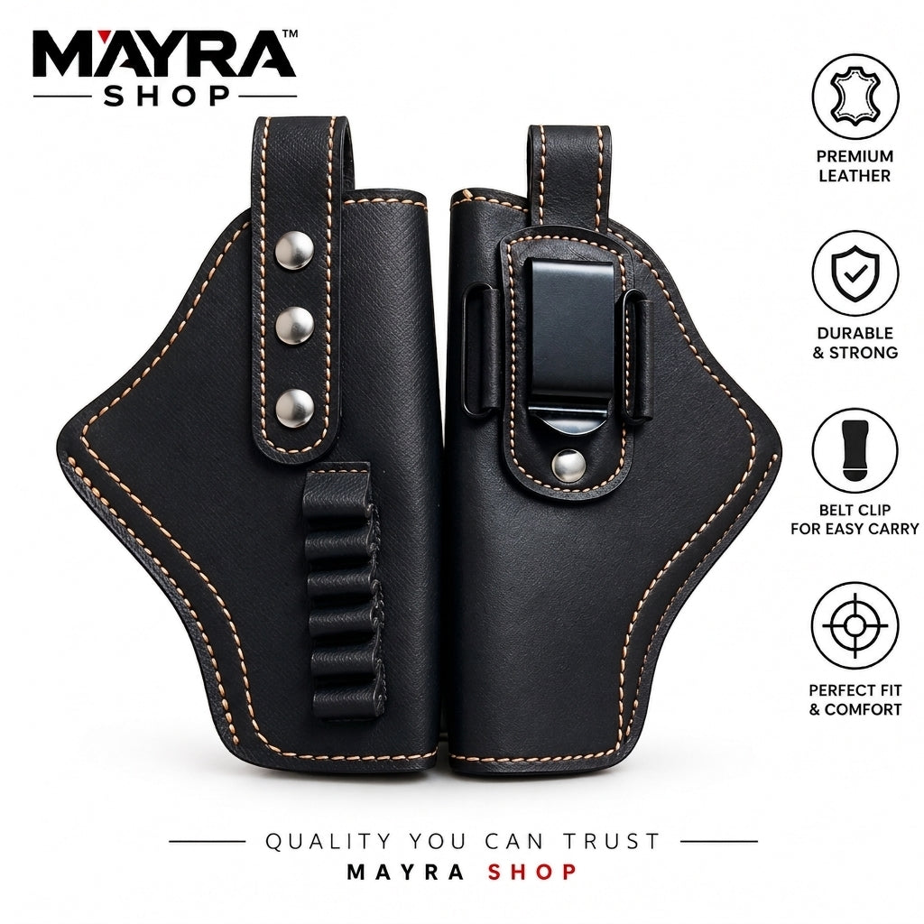 Mayra Shop black premium leather gun holster with belt clip and cartridge loops