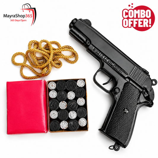 Premium black metal toy sound gun combo set with cork and golden chain by MayraShop365