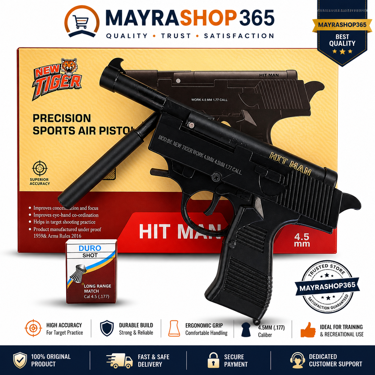 New Tiger Hitman 4.5mm precision sports air pistol with pellets and silencer for target practice