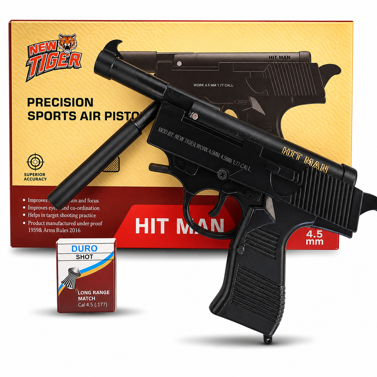New Tiger Hitman 4.5mm precision sports air pistol with pellets and silencer for target practice