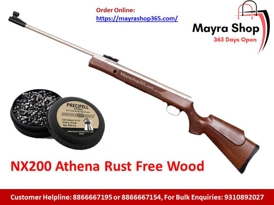 A Precihole NX200 Athena Rust Free Wood Sports Air Rifle is shown beside open pellet tins. Text highlights its nitro piston, adjustable rear sight, and includes website, helpline, and bulk enquiry info.