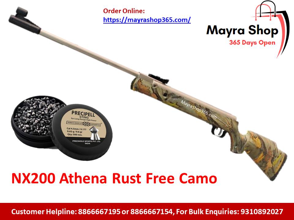A Precihole NX200 Athena Rust Free Camo Air Rifle | Sports Air Rifle | is shown next to a tin of pellets. Mayra Shop branding, website, and customer helpline appear on a white background with red and yellow highlights.