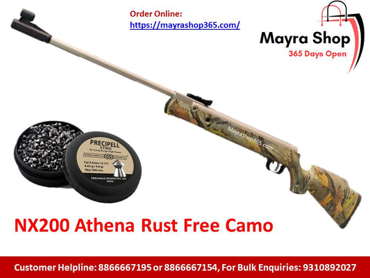 A Precihole NX200 Athena Rust Free Camo Air Rifle | Sports Air Rifle | is shown next to a tin of pellets. Mayra Shop branding, website, and customer helpline appear on a white background with red and yellow highlights.