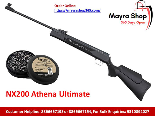 A Precihole NX200 Athena Ultimate Classic Sports Air Rifle with a rifled steel barrel is shown next to a tin of pellets. The image includes the Mayra Shop logo, website link, and customer helpline numbers on a white background with red accents.
