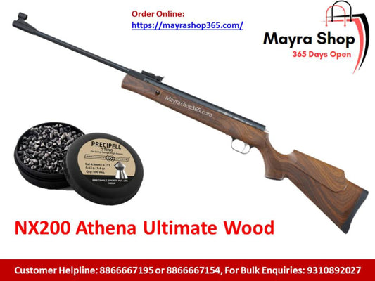 A Precihole NX200 Athena Ultimate Wood Air Rifle | Sports Air Rifle | is shown with a tin of pellets. Text displays online shop info, customer helpline numbers, and the product name on a white background with red and blue accents.