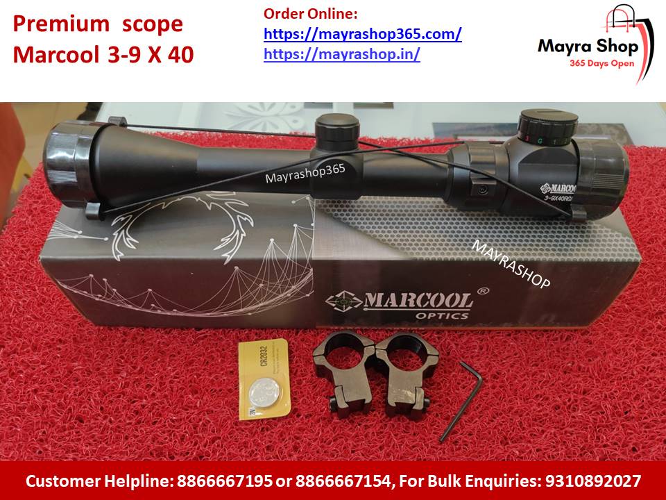 Marcool scope with accessories on a red surface, branded as Mayrashop.