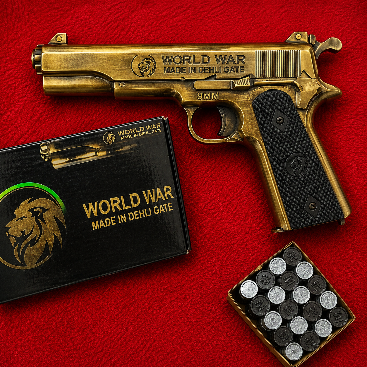 World War 9MM Brass Colour Metal Sound Gun Toy with Vintage Military Style Design and Sound Caps