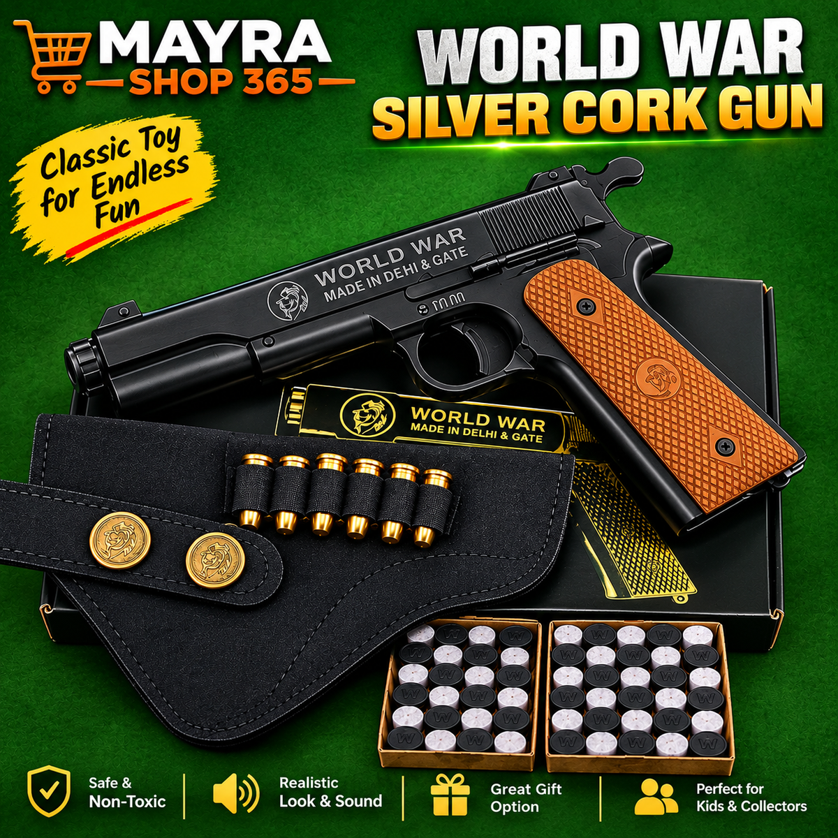Black World War Cork Gun toy with box and cork caps - Mayra Shop 365