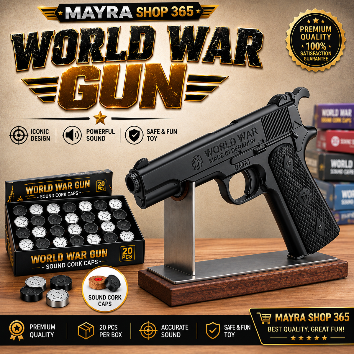 New World War Gun | Sound Cork Toy with 20 PCS Caps Black Mayra Shop 365air gun mayrashop365