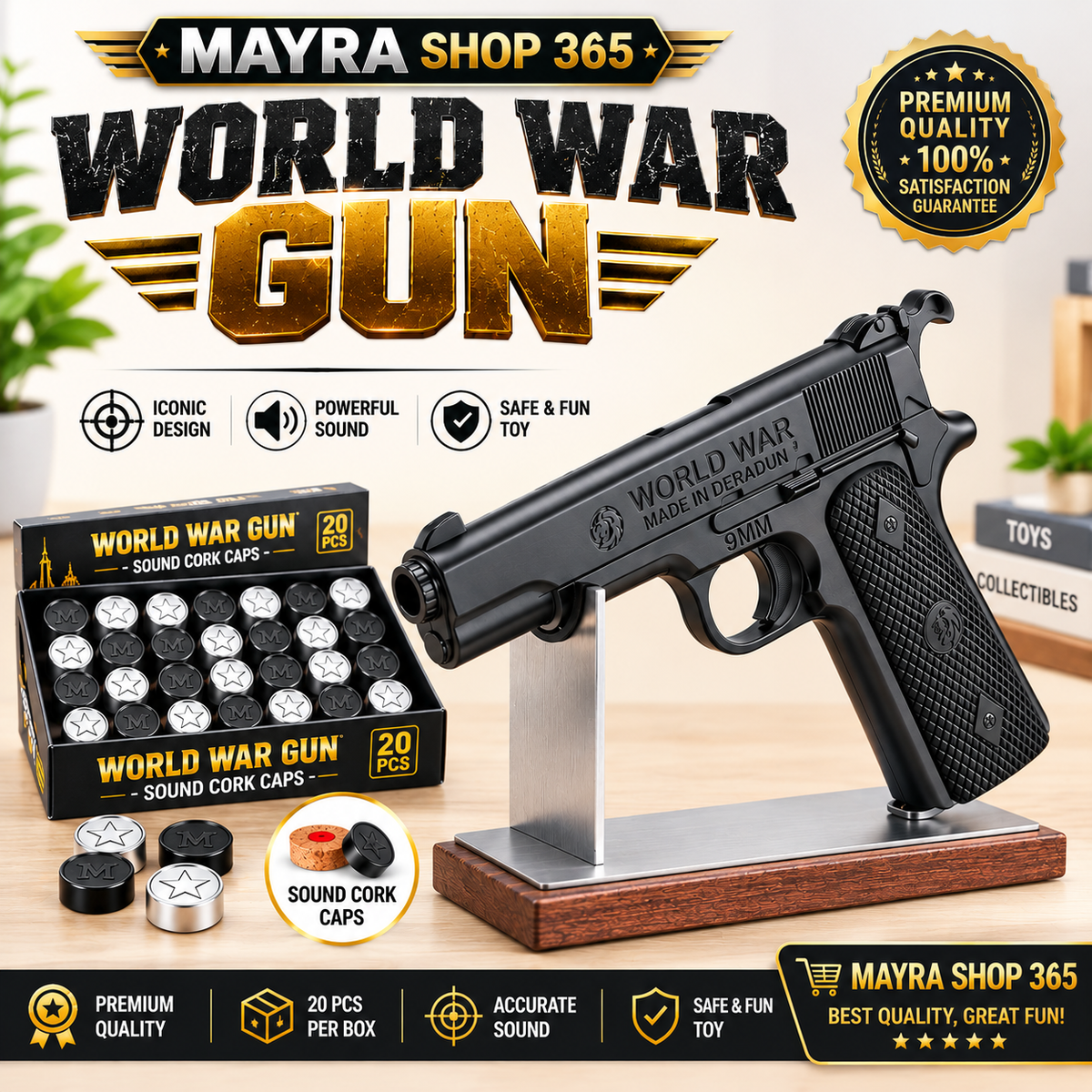 New World War Gun | Sound Cork Toy with 20 PCS Caps Black Mayra Shop 365air gun mayrashop365